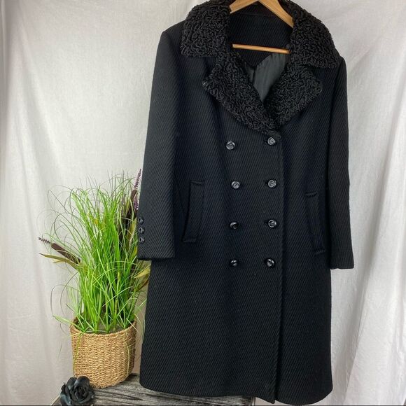 Youthcraft Wool Blend Black Woven Ribbed 3/4 length Vintage Winter Overcoat L - Picture 2 of 8